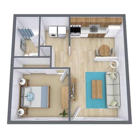 a stylized floor plan of a bedroom with a bathroom and a living room